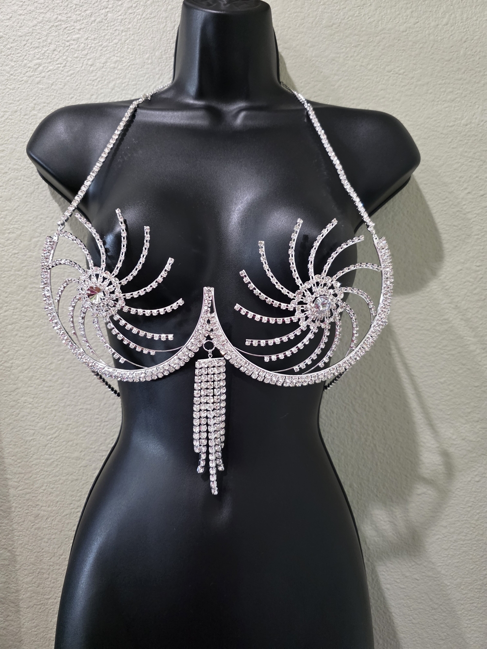 Silver Crystal Rhinestone Statement Bra Top
